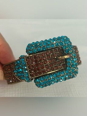 Swarovski style Blue & Brown Crystal Belt Buckle Bracelet Hinged Copper Tone